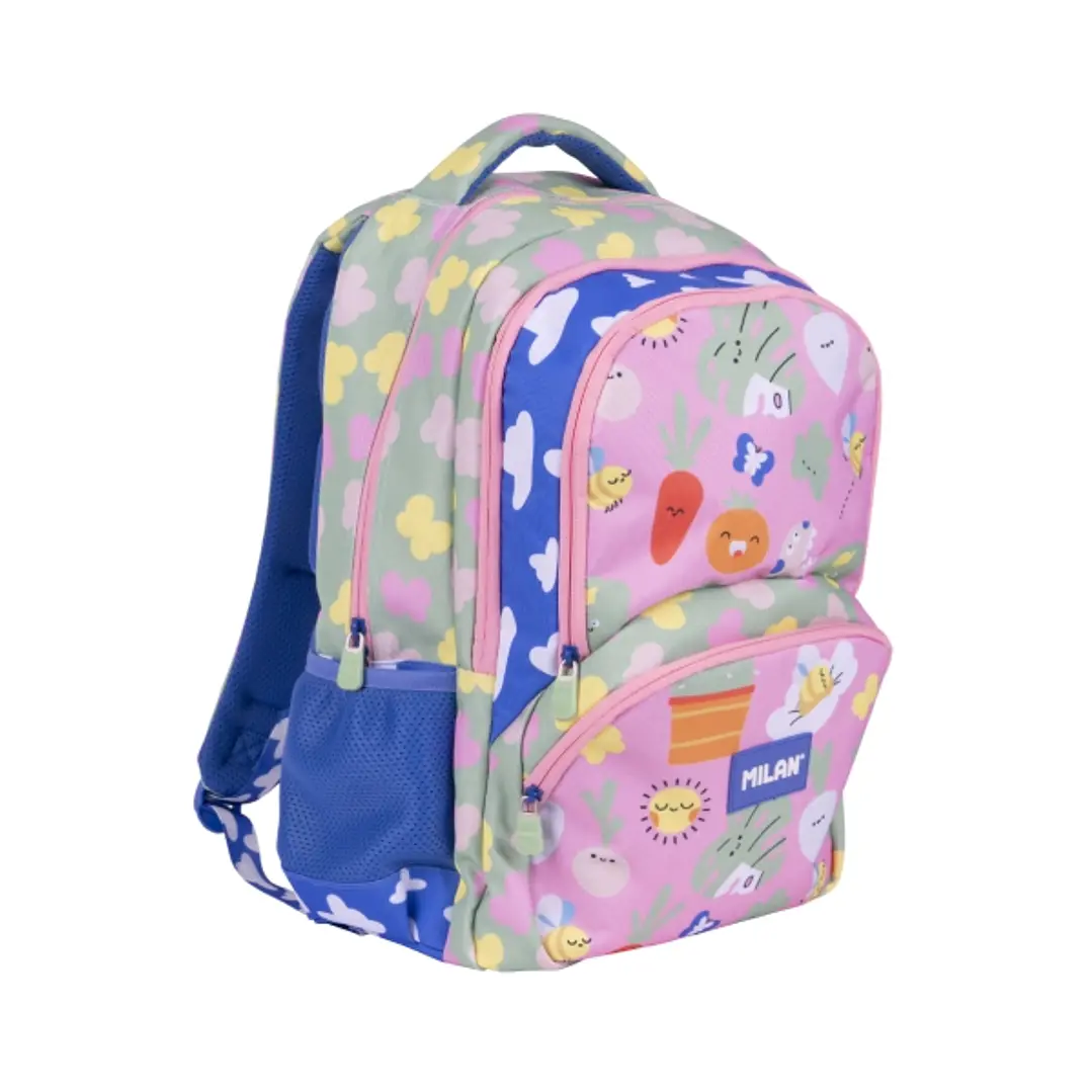 Milan Green and Grow Mochila Escolar 25L - Bolsillos Laterales de Malla - Compartimento Interior para Portatil - 4 Cremalleras - 46.5x30x17cm - Multic 1