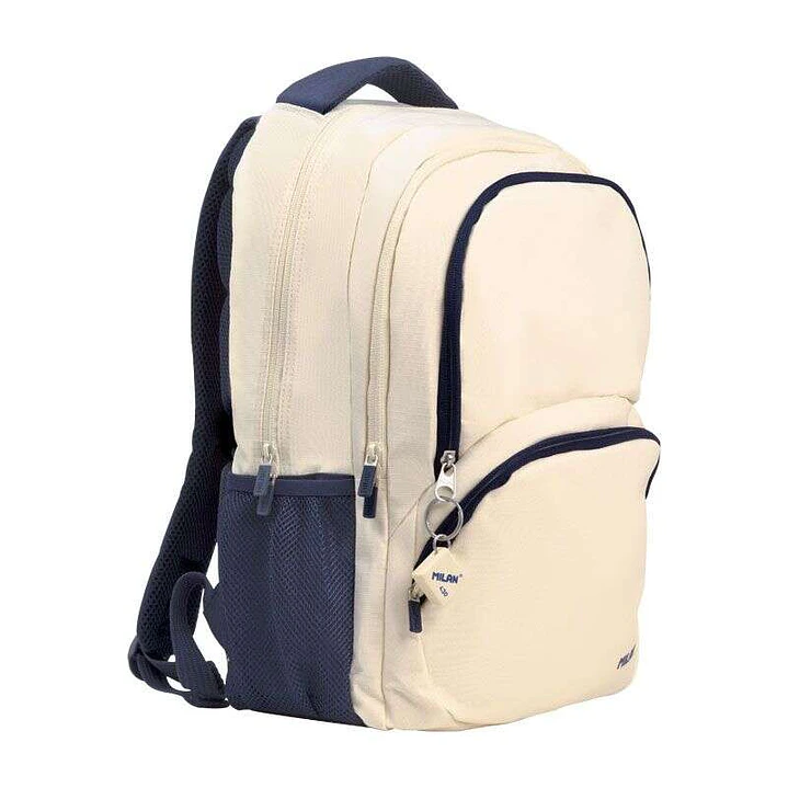 Milan Serie 1918 Mochila Escolar 25L - 3 Bolsillos Delanteros + 2 Bolsillos Laterales - Asas Regulables y Acolchadas - Tamaño 46,5x30x17cm - Color Bei 1