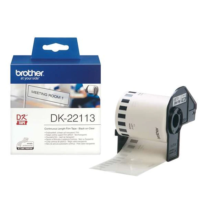 Brother DK22113 - Etiquetas Originales de Tamaño personalizado - Ancho 62mm x 15,24 metros - Texto negro sobre fondo transparente 1