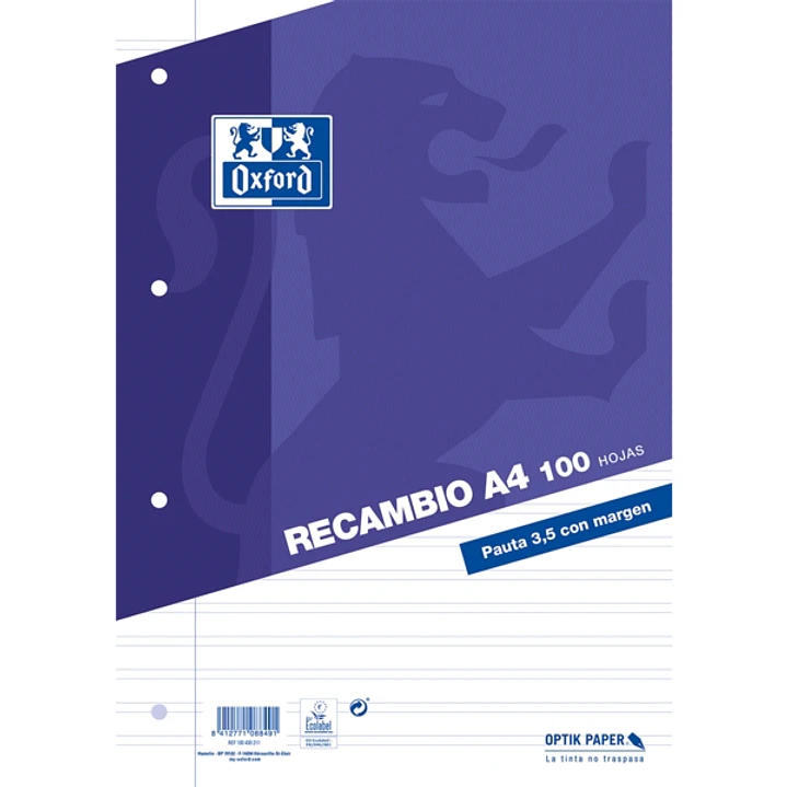 Oxford Recambio de 100 Hojas Pauta de 3.5mm con Margen - 4 Taladros 1