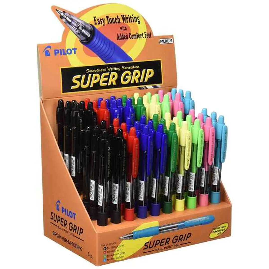 Pilot Expositor de 60 Boligrafos de Bola Retractiles SuperGrip - Punta Redonda 1.0mm - Trazo 0.27mm - Tinta de Aceite - Grip Ergonomico - Colores Surt 1