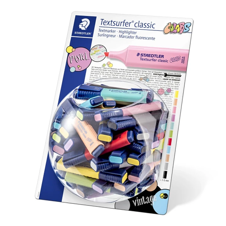 Staedtler Textsurfer Classic 364 Expositor de 100 Marcadores Fluorescentes - Punta Biselada 1 - 5 mm Aprox - Secado Rapido - Colores Pastel y Vintage  1