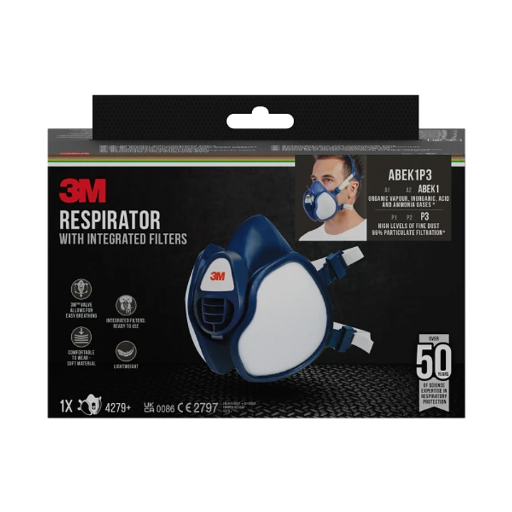 3M Mascarilla de Media Cara - Filtros Integrados - Proteccion Combinada - Reutilizable - Color Azul/Blanco 1