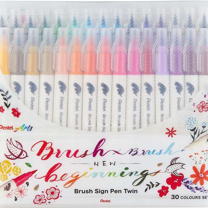 Pentel Brush Sing Pen Twin Pack de 30 Rotuladores con Doble Punta de Pincel Flexible - Punta Ancha 1-4mm, Punta Fina 0,2-2mm - Colores Surtidos 1