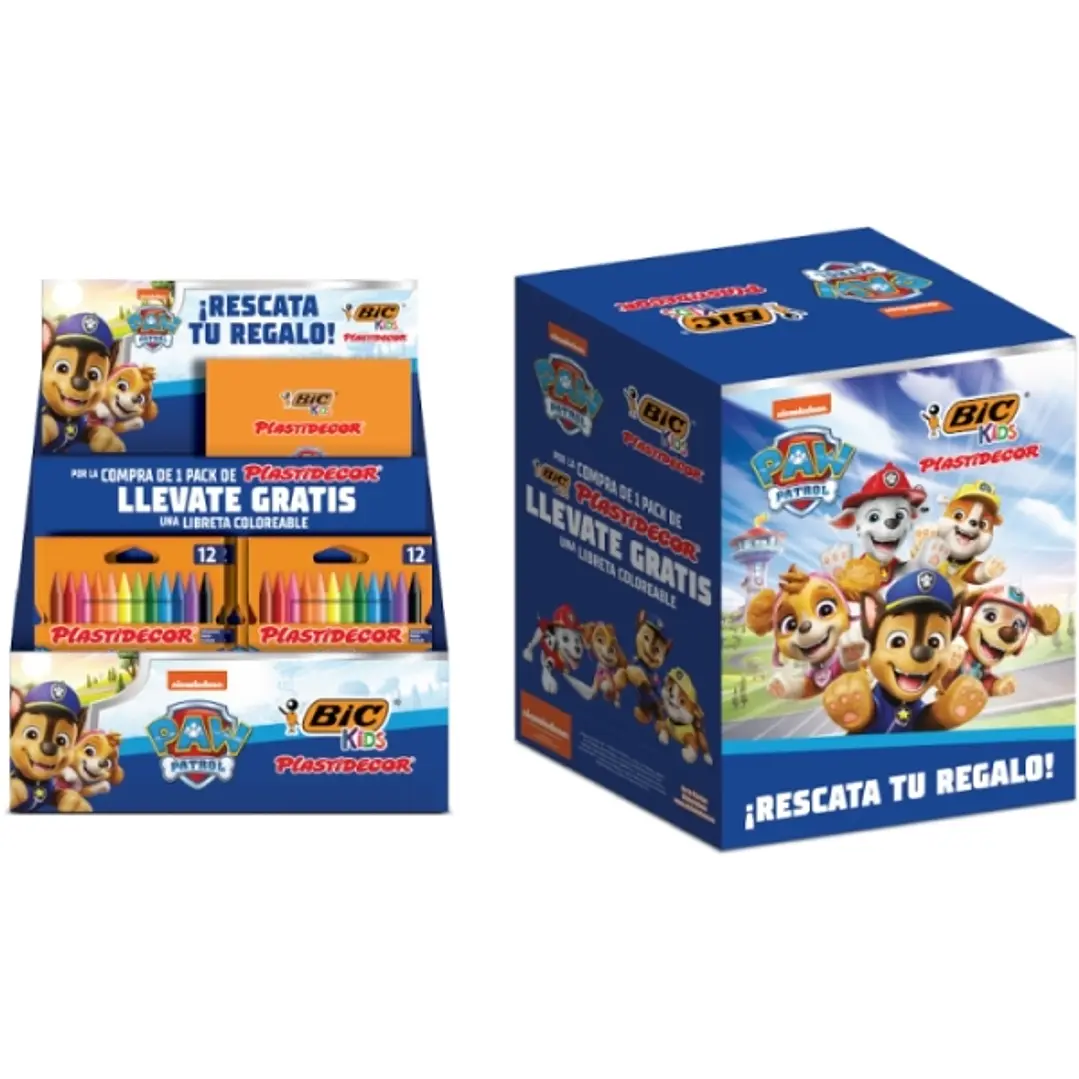 Bic Kids Plastidecor Patrulla Canina Expositor con 24 Packs de 12 Lapices de Cera + 24 Cuadernos de Colorear de la Patrulla Canina Gratis - Facil de S 1