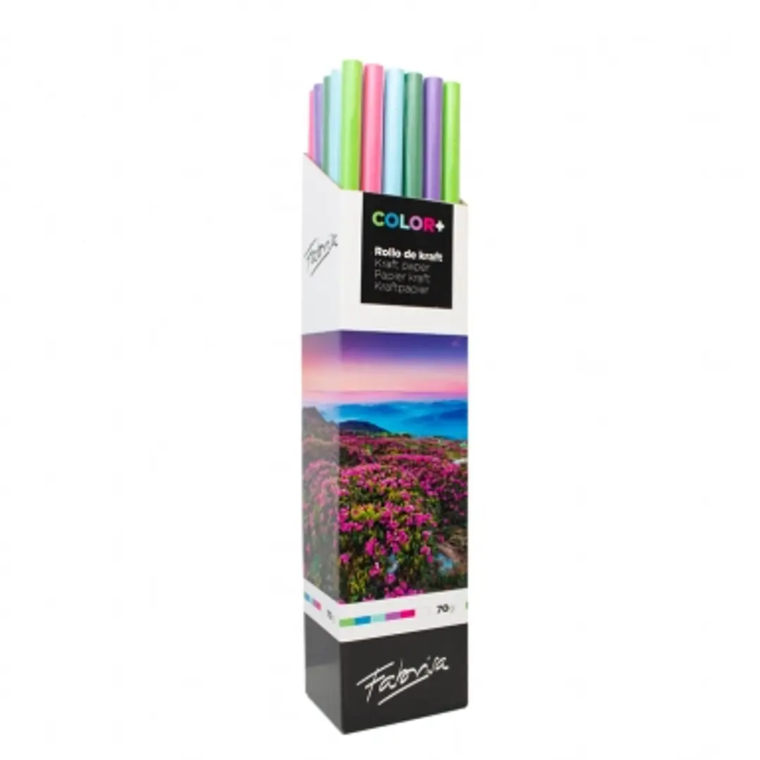 Fabrisa ColorPlus Expositor de 30 Rollos de Papel Regalo - Papel Kraft Verjurado de 70gr - Medidas del Rollo 1x3m - Colores Surtidos 1
