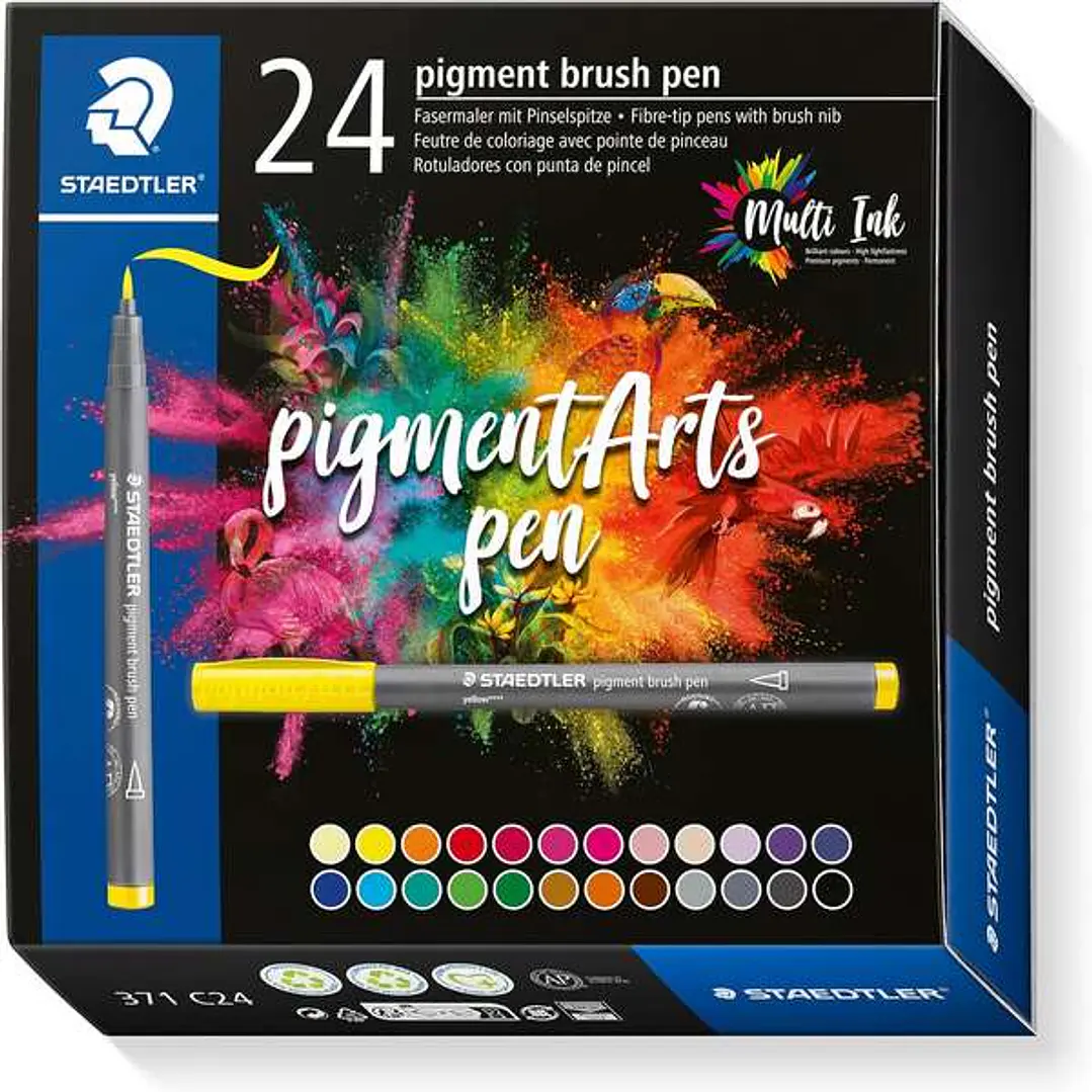 Staedtler 371 Pack de 24 Rotuladores Punta de Pincel Suave - Colores Vivos y Brillantes - No Amarillea con el Paso del Tiempo - Nueva Tinta Multi Ink  1