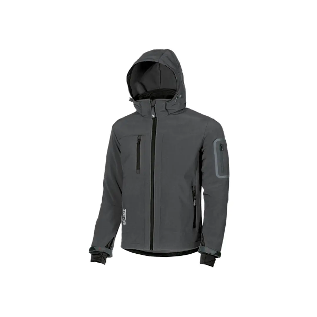 Upower Metropolis Soft Shell de Trabajo - Talla L - Tejido Elastico Cortavientos, Transpirable, Resistente al Agua, Capucha Desmontable, Mangas Prefor 1