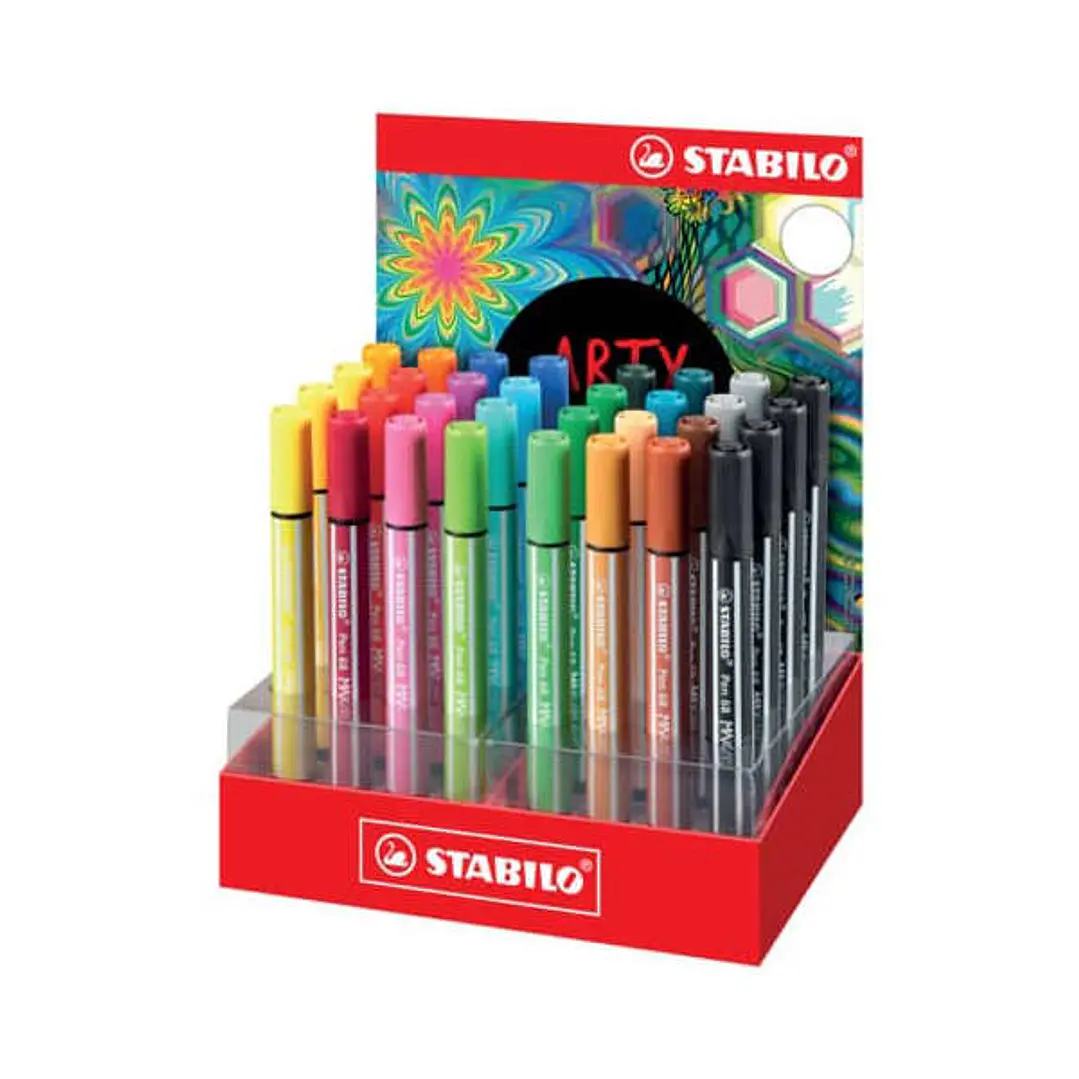 Stabilo Pen 68 MAX Arty Expositor de 32 Rotuladores - Punta de Fibra Biselada - Trazo entre 1-5mm aprox. - Tinta a Base de Agua - Colores Surtidos 1