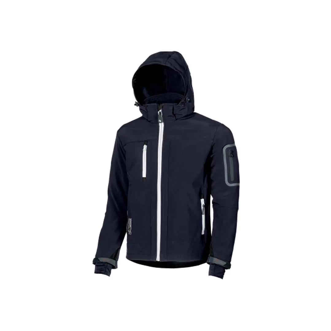Upower Metropolis Soft Shell de Trabajo - Talla M - Tejido Elastico Cortavientos, Resistente al Agua, Bolsillos Termicos, Capucha Desmontable, Puños A 1