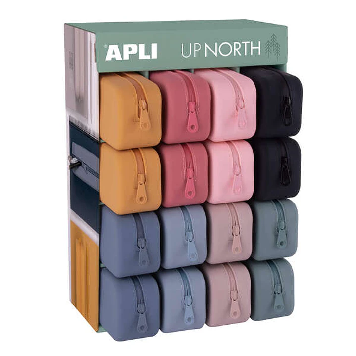Apli Up North Expositor de 16 Estuches de Silicona Rectangular - Cremallera Repelente al Agua - Medidas 75x185x55mm - Colores Surtidos 1