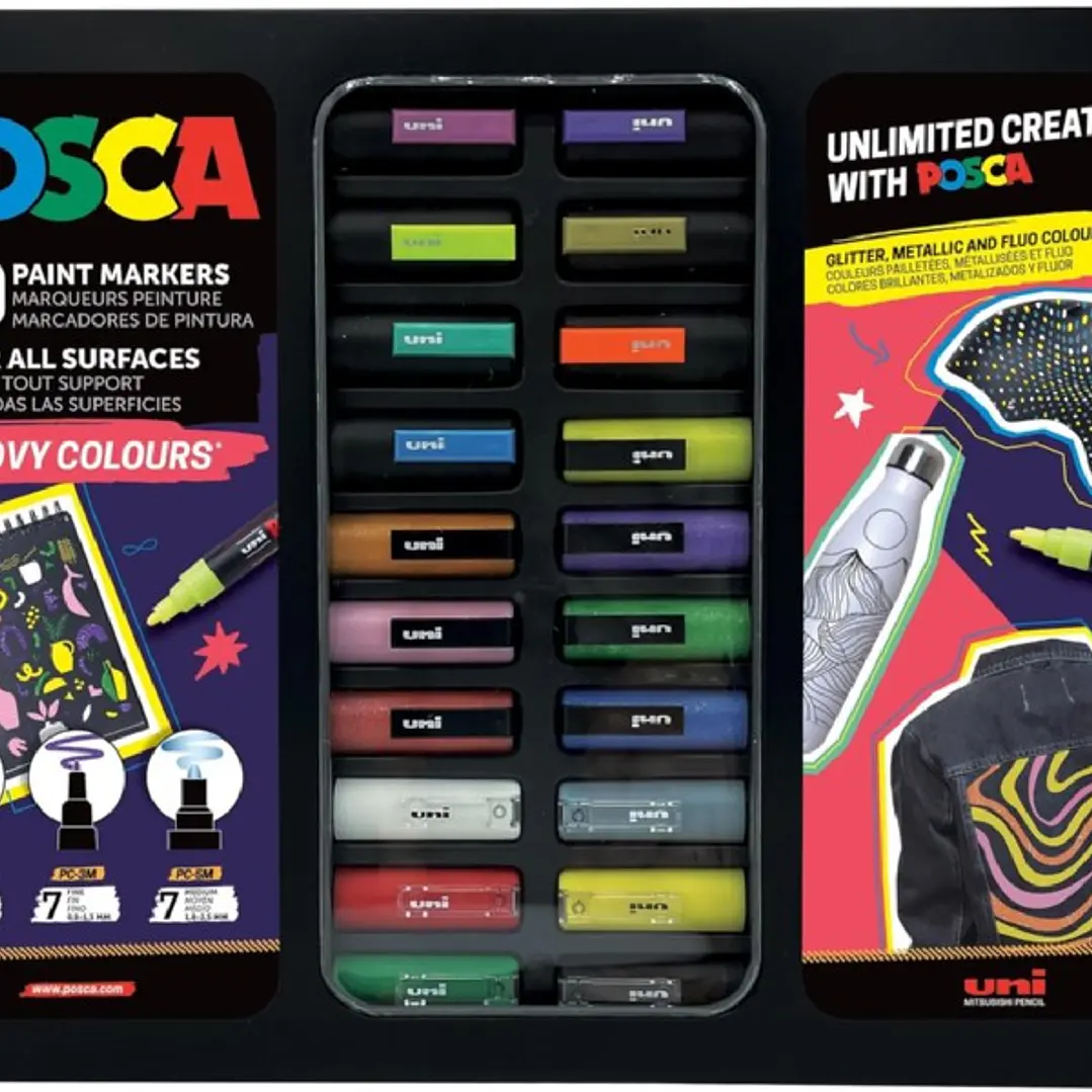 Posca Groovy Colours Maleta Metalica con 20 Marcadores de Pintura - Surtido en Color y Trazo - Punta de Poliester - Tinta Pigmentada Base Agua - Resis 1