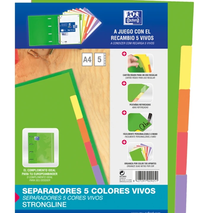 Oxford Strongline A4 Separadores 5 Posiciones - 4 Taladros - Cartulina 200gr - Colores Surtidos 1