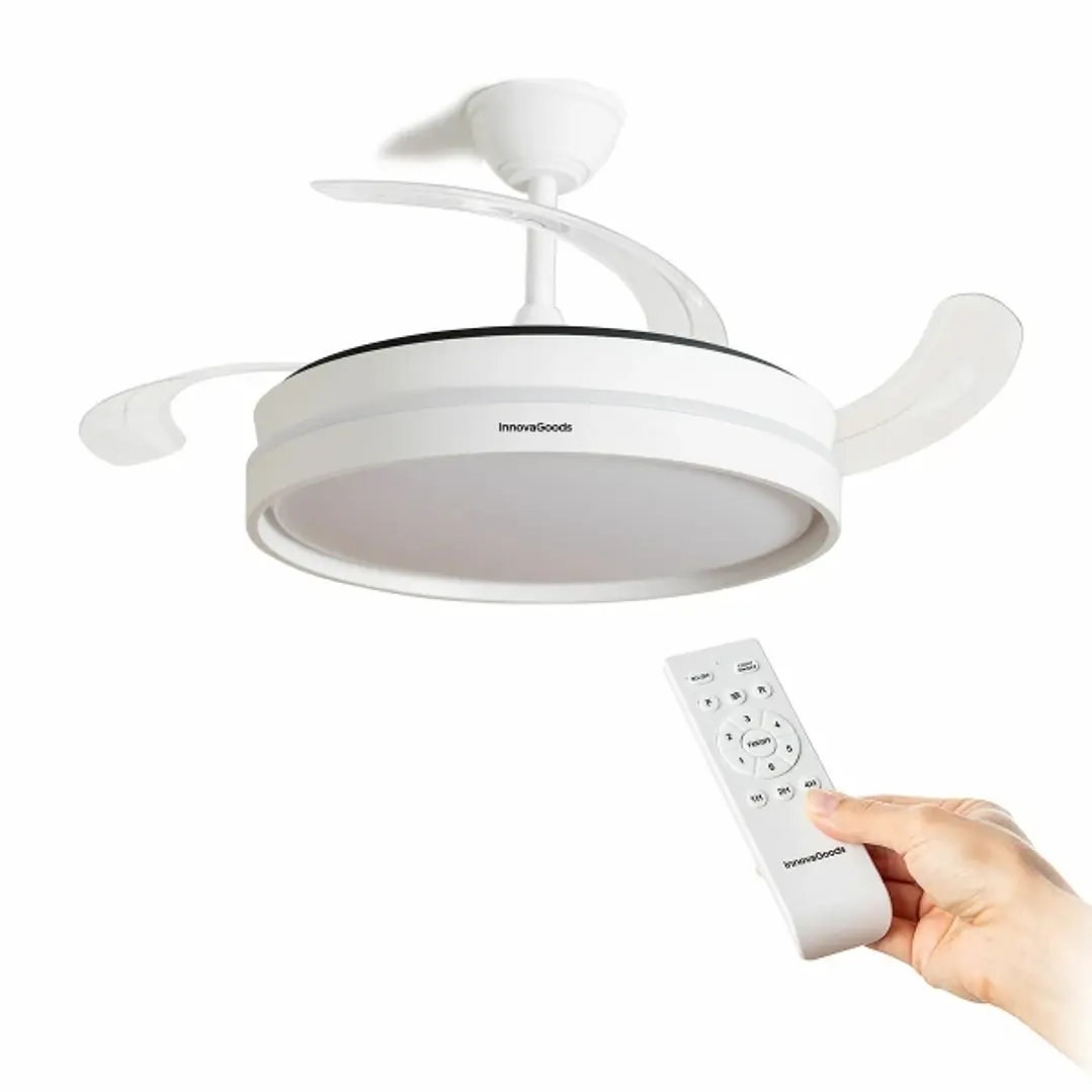 Innovagoods Keteez Ventilador de Techo con 4 Aspas Retractiles - 72W - 6 Velocidades - Luz LED - Incluye Accesorios de Montaje - Mando a Distancia - T 1