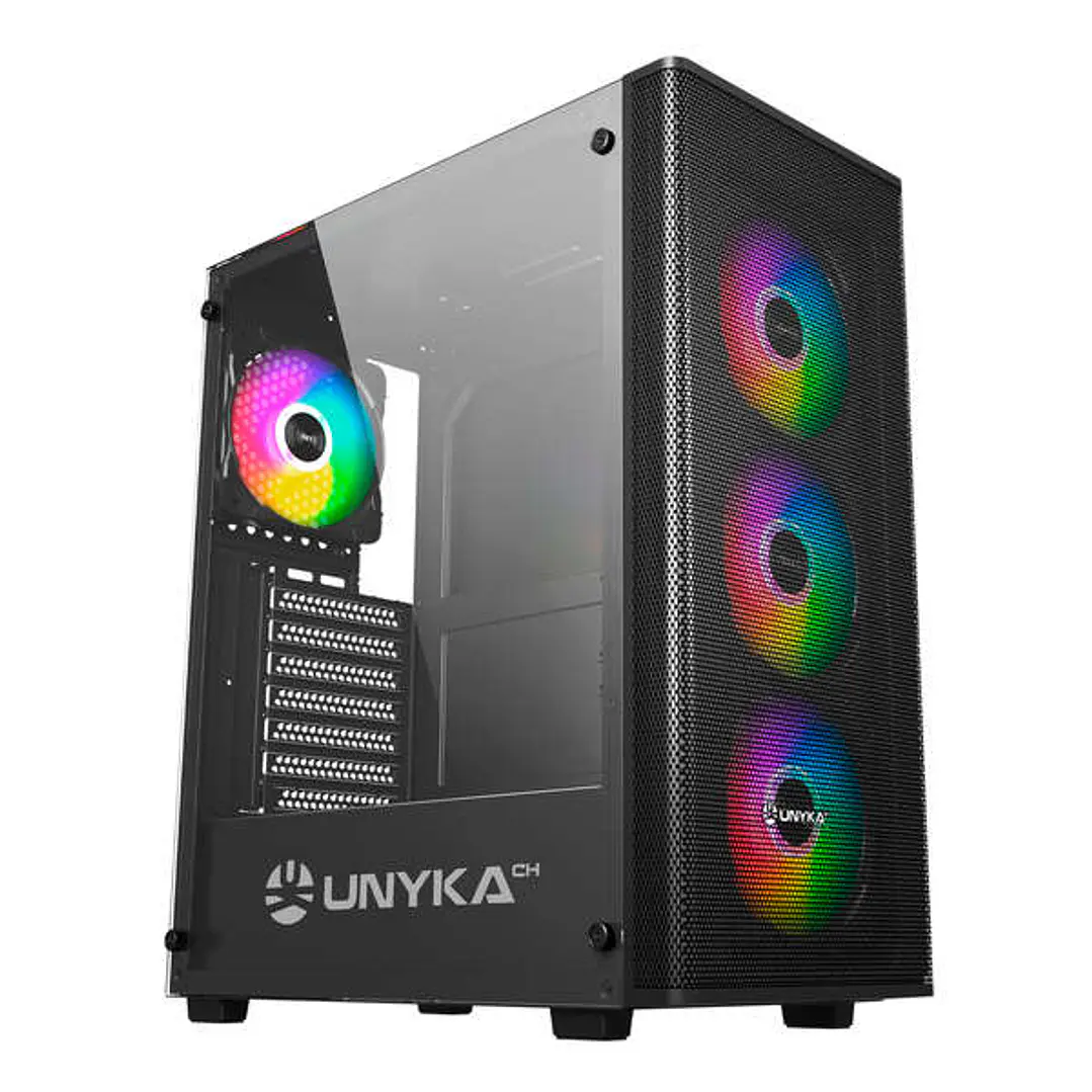 Unykach MIR 100 Caja Gaming ATX, Micro ATX, ITX - Lateral de Vidrio Templado - USB-A 2.0, 3.0 y Audio - 4 Ventiladores 120mm ARGB Instalados - Soporta 1