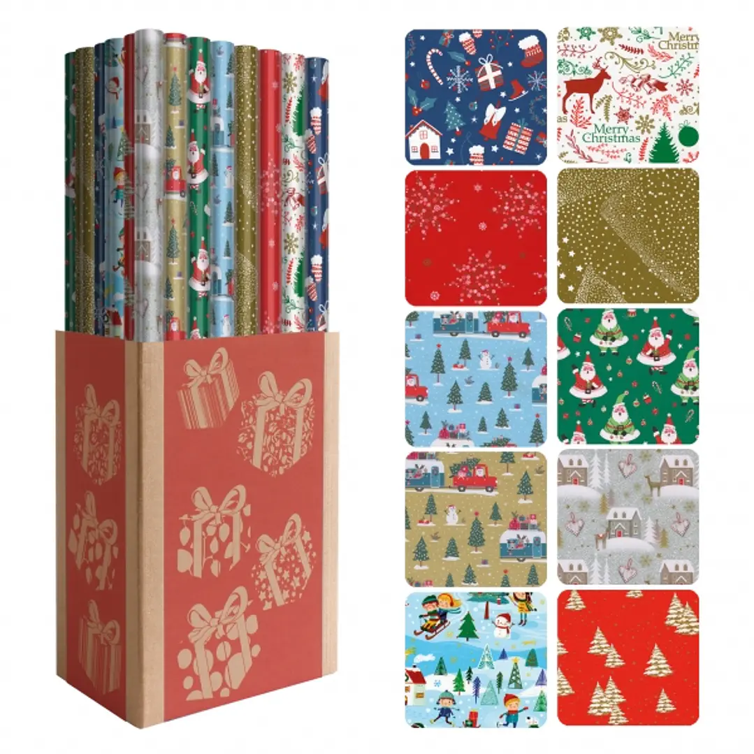 Dohe Navidad Expositor de 50 Rollos de Papel Regalo - 10 Diseños Diferentes - 5 Rollos por Diseño - Medidas del Rollo 0.70x2m 1