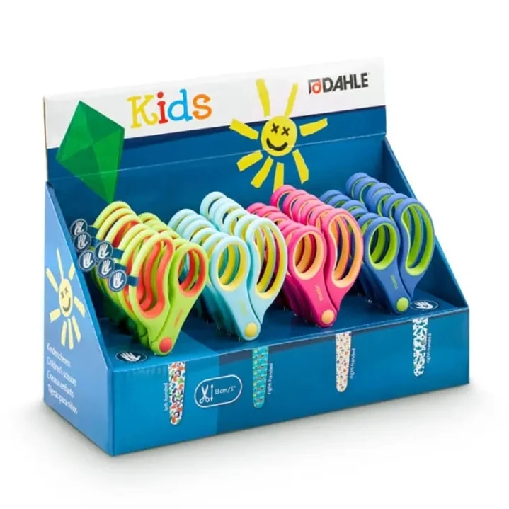Dahle 54683 Kids Expositor de 24 Tijeras Infantiles 13cm - Puntas Redondeadas - Acero Inoxidable - Mangos Ergonomicos Recubiertos de Goma - Colores Su 1