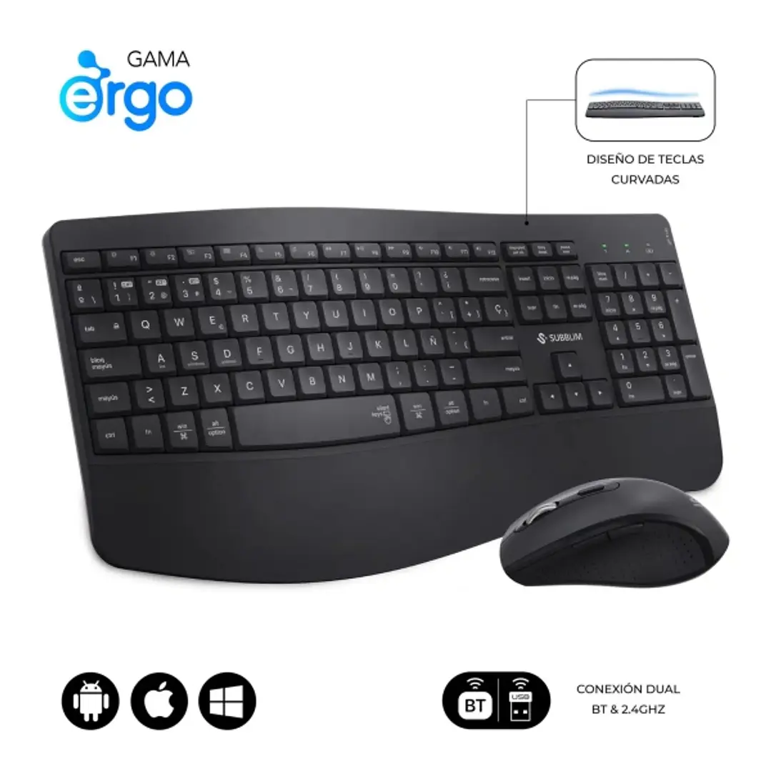 Subblim Dual Office Prowave Black Pack de Teclado Ergonomico + Raton 3200dpi Inalambricos Bluetooth 5.3 y Receptor USB - Bateria Recargable - Color Ne 1