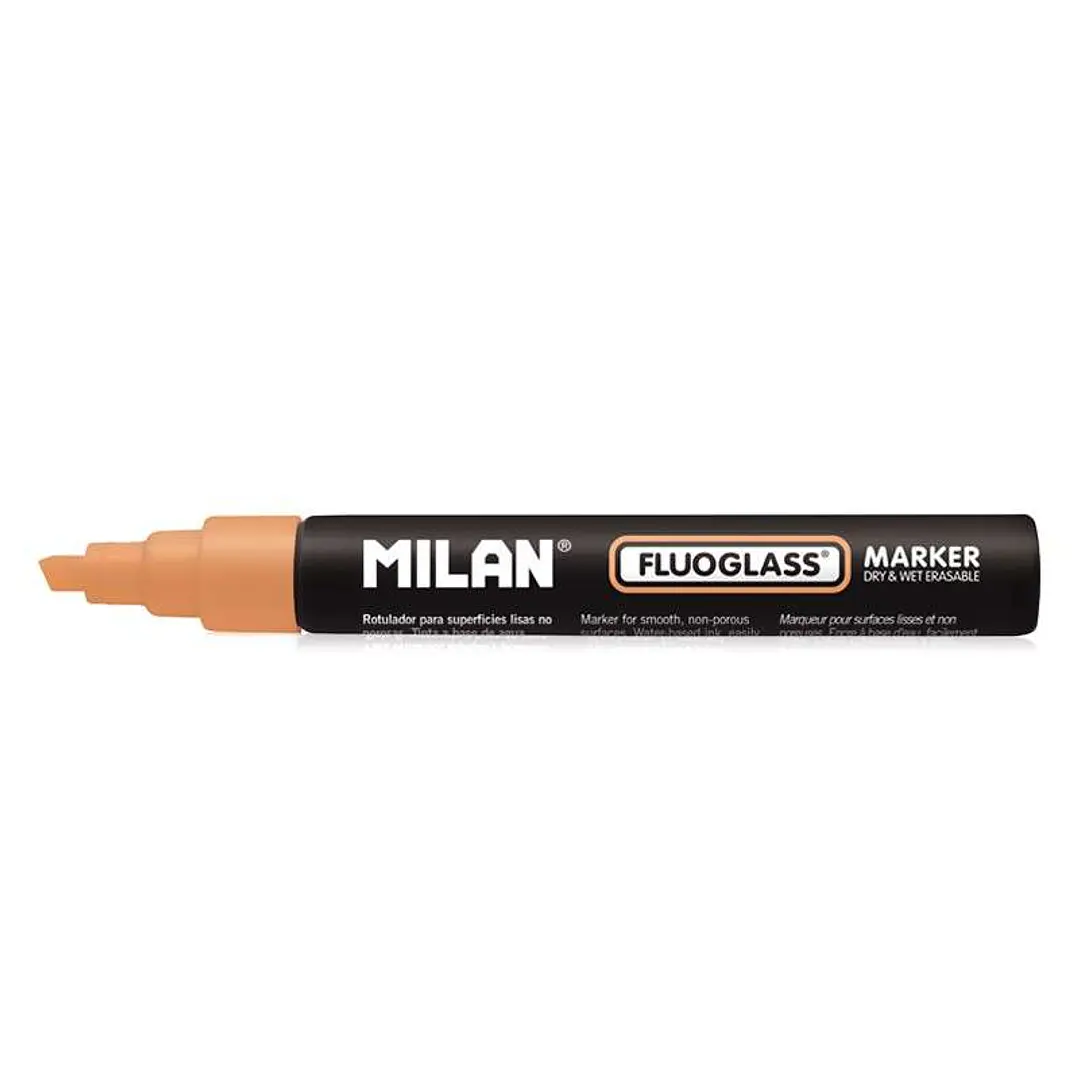 Milan Fluoglass Rotulador Superficies Lisas - Punta Biselada - Trazo de 2 - 4mm - Tinta al Agua - Borrado Facil - Color Naranja 1