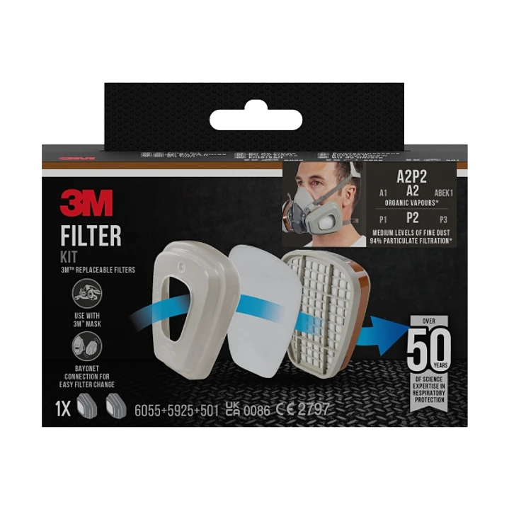 3M Filtros de Repuesto para Mascara de Media Cara - Proteccion Contra Vapores Organicos A2 - Proteccion Contra Nivel Medio de Particulas P2 - Color Gr 1