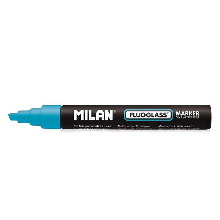Milan Fluoglass Rotulador Superficies Lisas - Punta Biselada - Trazo de 2 - 4mm - Tinta al Agua - Borrado Facil - Color Azul 1