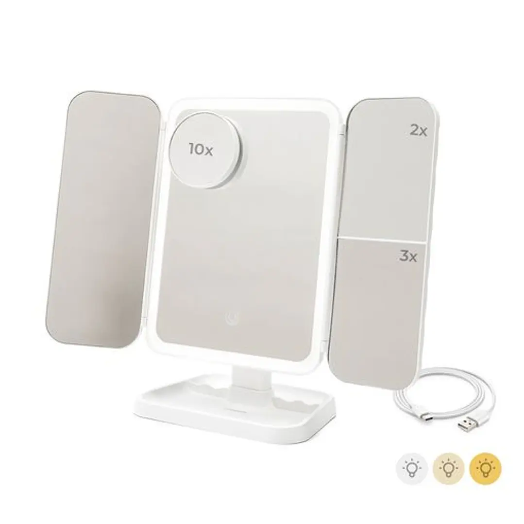Innovagoods Miled Espejo de Maquillaje Triptico - Tactil - Bateria 2000mAh - Cable USB-C Incluido - Luz LED - Recargable - Plegable - Pies Antidesliza 1