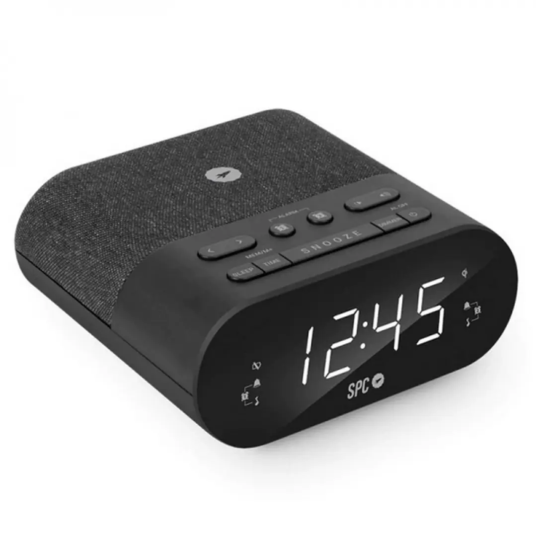 SPC Frodi Qi Radio Despertador con Base de Carga Inalambrica - Almacena Emisoras de Radio - 2 Alarmas Configurables - Color Negro 1