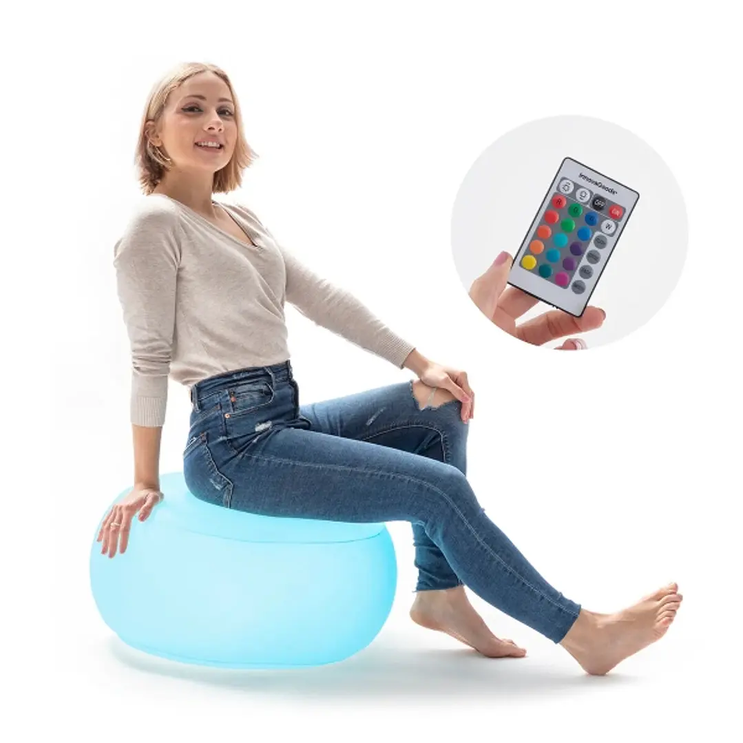 Innovagoods Pulight Asiento Hinchable - Luz LED Multicolor - Soporta hasta 100kg - Mando a Distancia - Incluye Hinchador - IP68 - 50x30cm - Color Blan 1