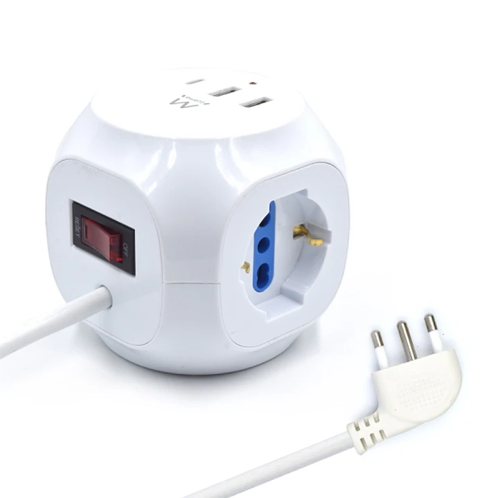 Ewent Regleta con 6 Tomas de Sobremesa en Forma de Cubo - 3 Tomas L/F (Schuko) - 2x USB-A - 1x USB-C - Enchufe Italiano Plano en Angulo - Interruptor  1
