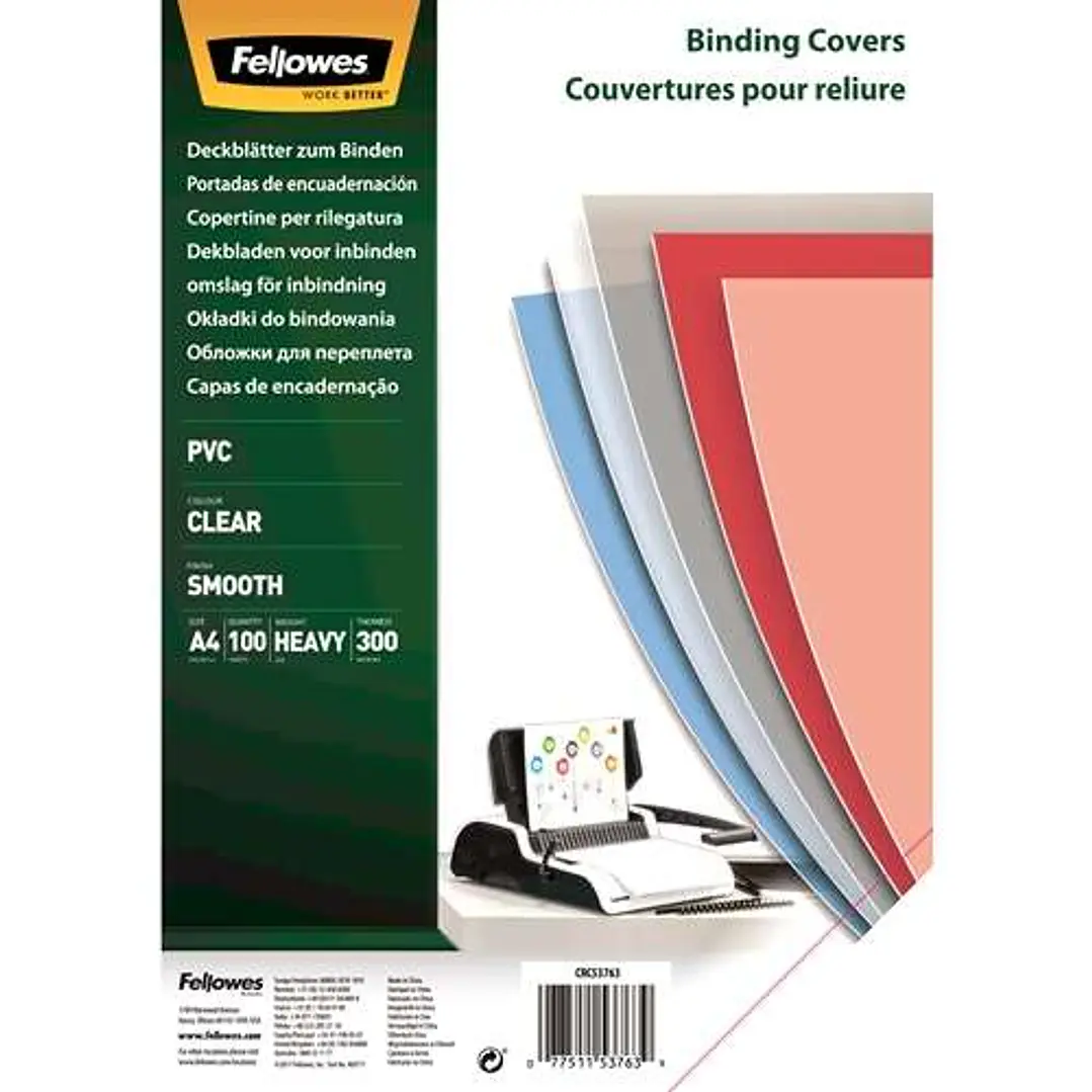 Fellowes Pack de 100 Portadas para Encuadernar de PVC A4 - 300 Micras - Muy Resistentes - Transparente 1