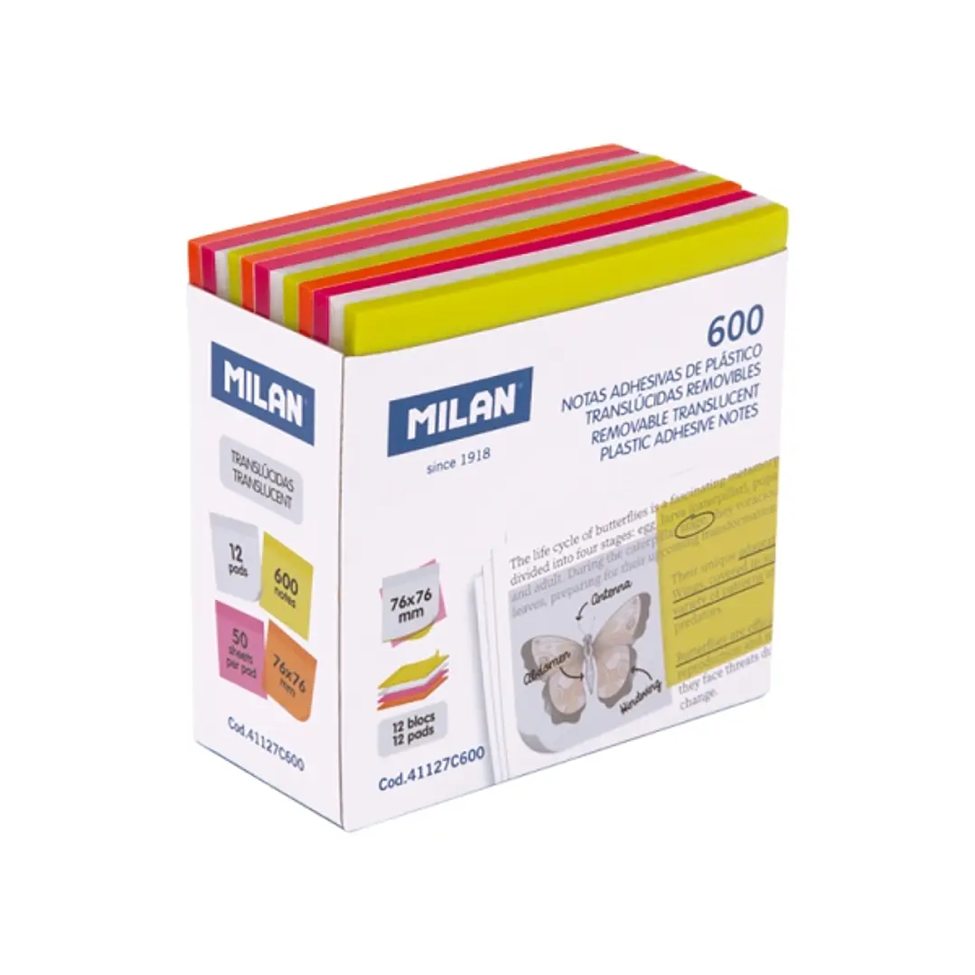 Milan Fluo Pack de 600 Notas Adhesivas - Translucidas - Removibles - 76x76mm - Colores Surtidos 1
