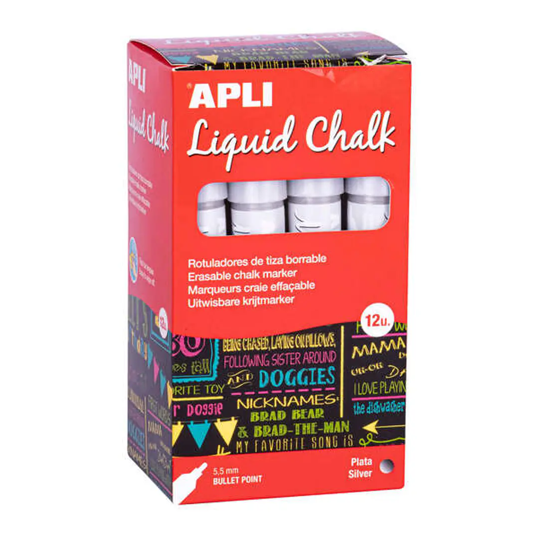 Apli Rotulador de Tiza Liquida Plata - Punta Redonda - Ideal para Pizarras, Plastico, Ventanas, Ceramica, Vinilos, Metal, Etc - Facil de Borrar - Seca 1