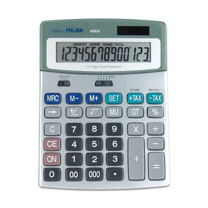 Milan Calculadoras de 14 Digitos - 3 Teclas de Memoria - Funcion Impuestos - Calculo de Margenes - Color Gris 1