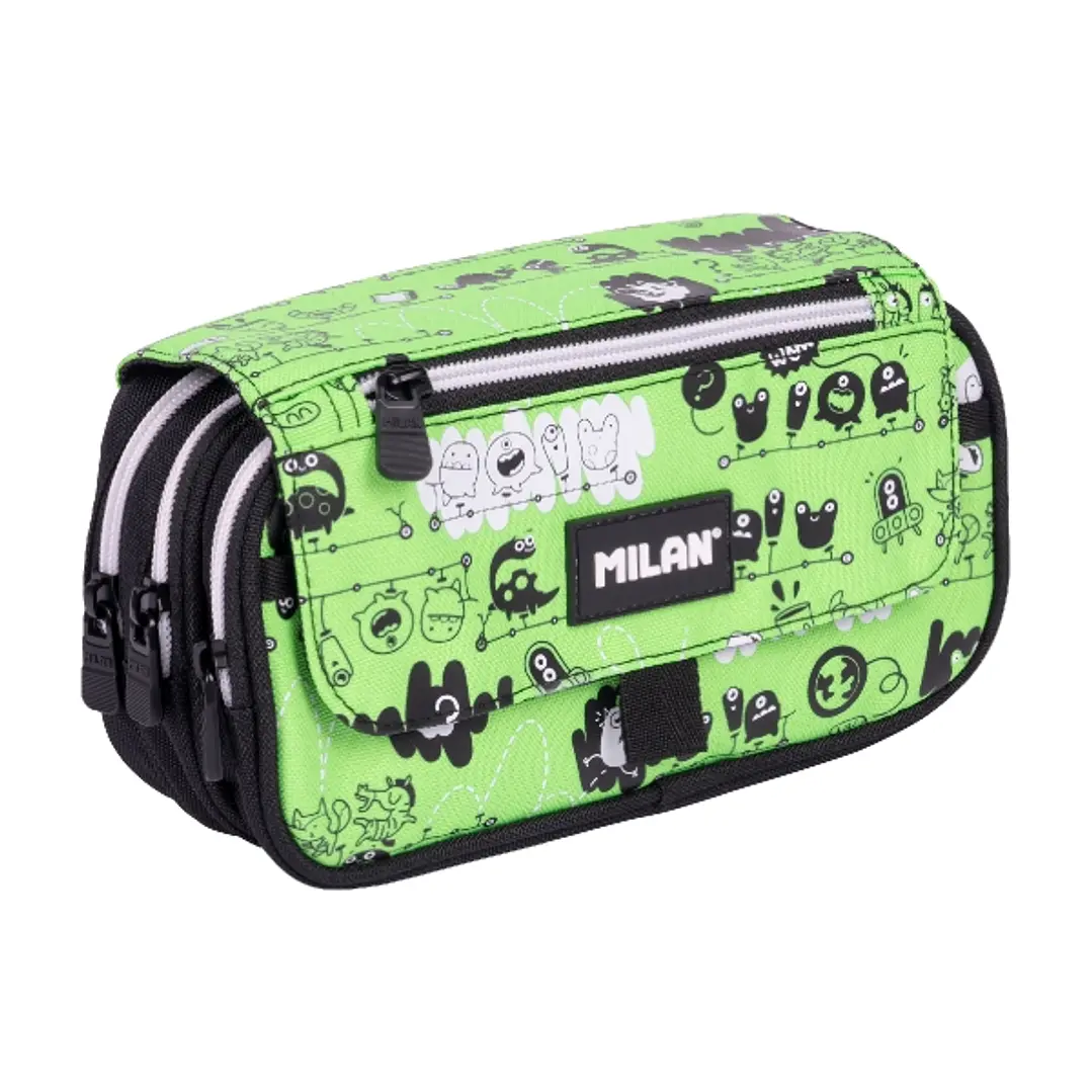 Milan Tandem 2 Estuche Portatodo con Solapa - Cremallera - 4 Compartimentos - 13x24x10cm - Color Verde 1