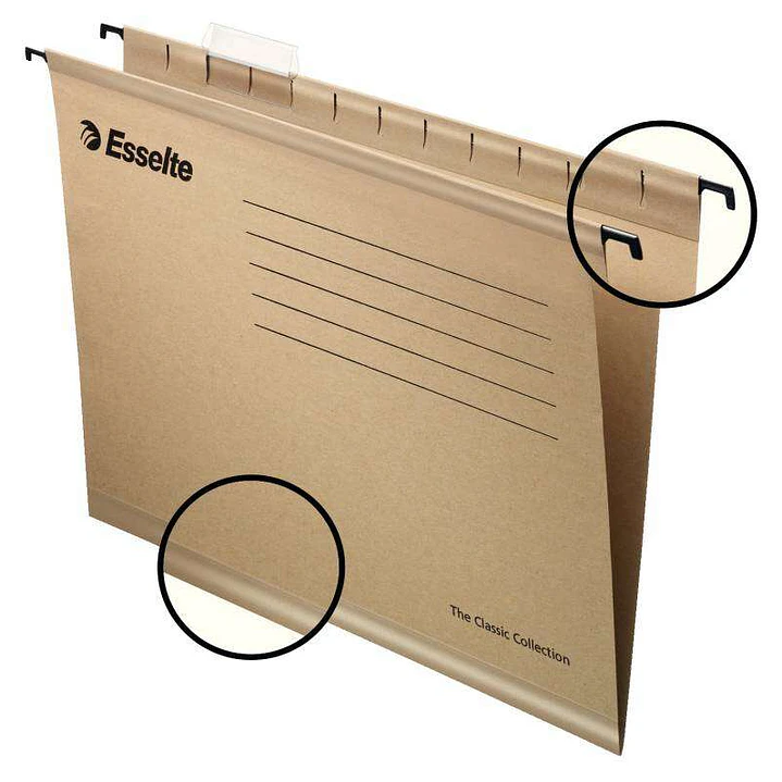 Esselte Classic A4 Pack de 50 Carpetas Colgantes Reforzadas A4 - 10 Veces Mas Resistente - Visores de Plastico Transparente - Etiquetas Blancas - 100% 1