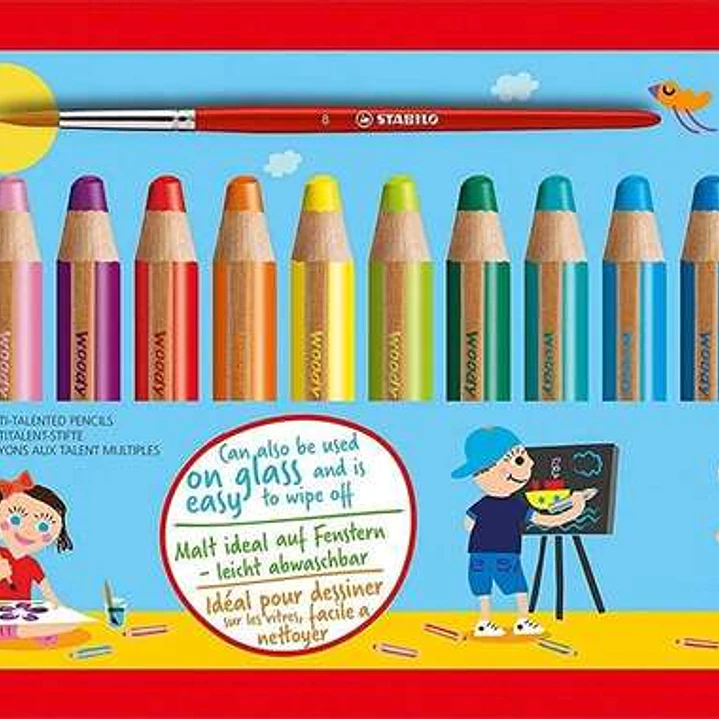 Stabilo Woody 3 en 1 Pack de 18 Lapices de Colores + Sacapuntas + Pincel Nº 8 - Lapiz de Color, Cera y Acuarela, Todo en Uno - Mina XXL 10mm - Colores 1