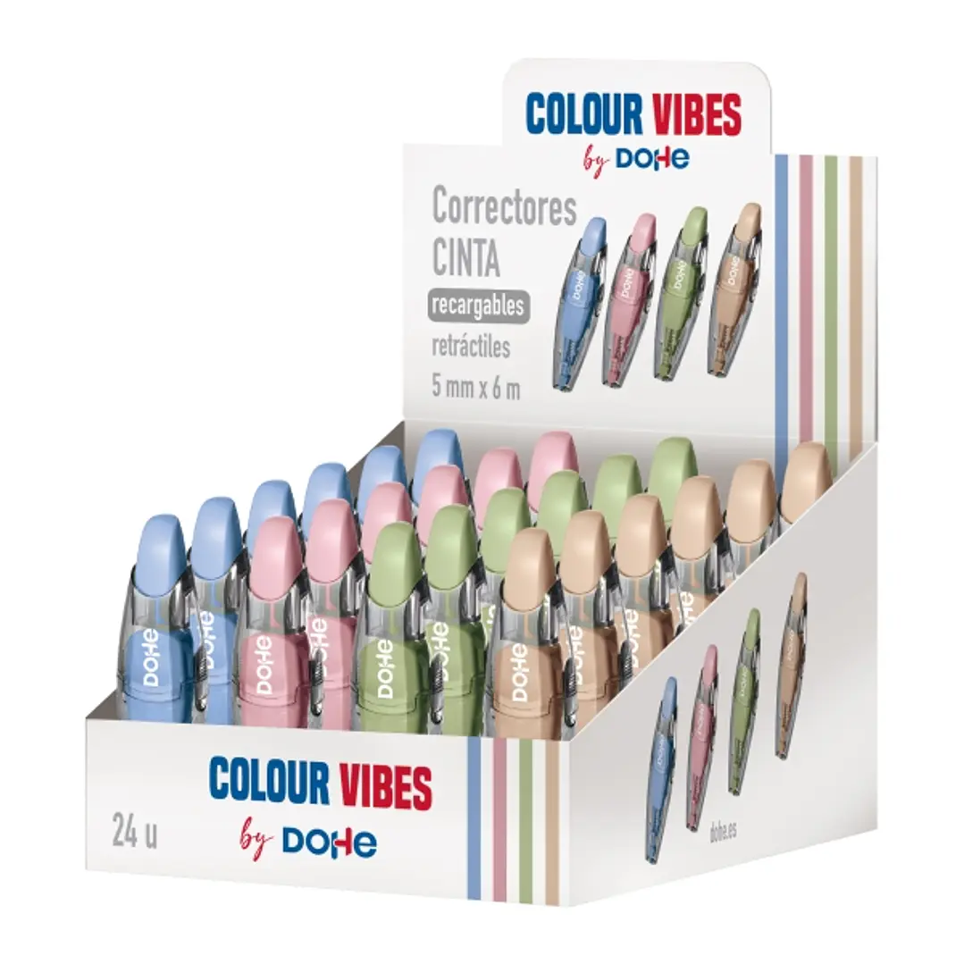 Dohe Colour Vibes Expositor con 24 Cintas Correctoras - 5mm x 6m - Pulsador Retractil - Recargable - Cuerpo Ergonomico - Colores Surtidos 1