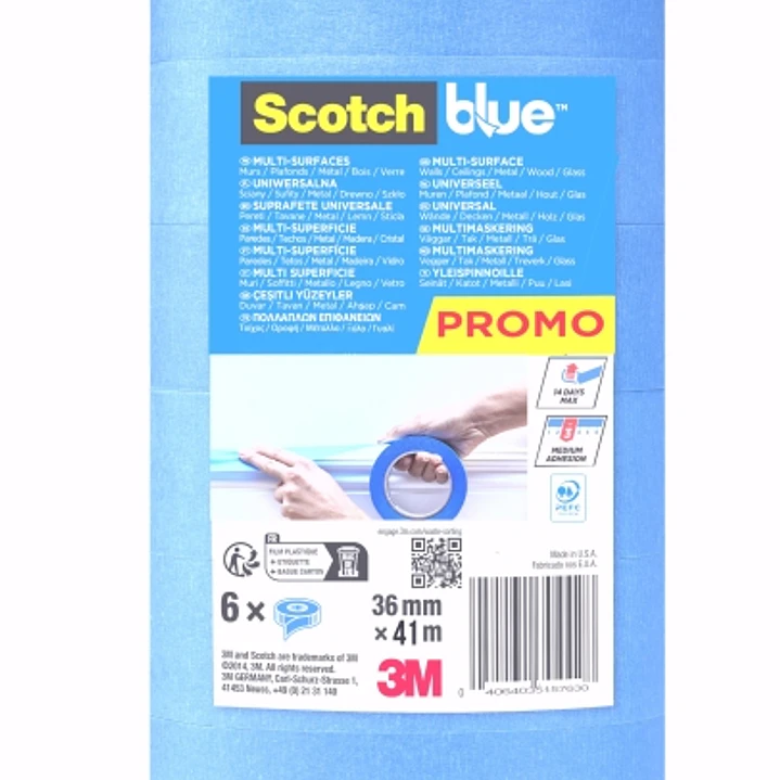Scotchblue Pack de 6 Cintas de Enmascarar - 36mm x 41m - 100% PEFC - Multisuperficie - Color Azul 1