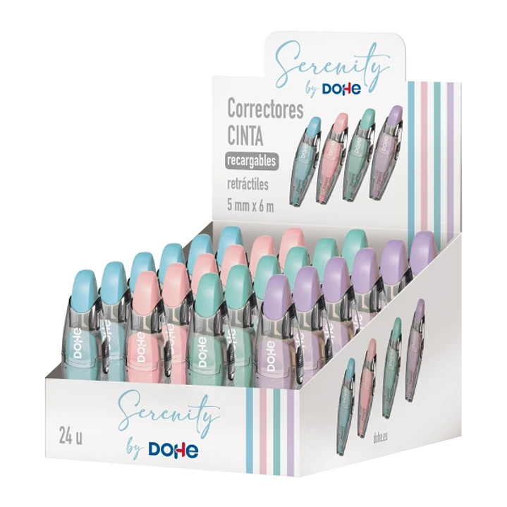 Dohe Serenity Expositor con 24 Cintas Correctoras - 5mm x 6m - Pulsador Retractil - Recargable - Cuerpo Ergonomico - Colores Surtidos 1