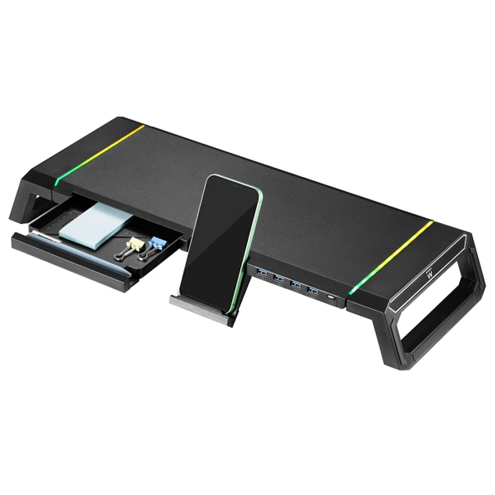 Ewent EW1268 Elevador para Monitor RGB Extensible - Plegable con cajon y soporte para smartphone - HUB USB 3.0 de 4 Puertos - Color Negro 1
