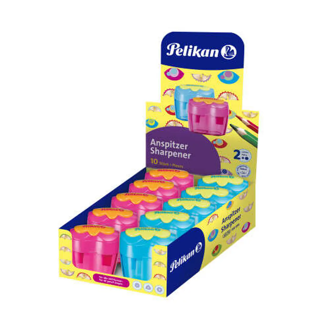Pelikan Flower Expositor de 10 Sacapuntas 2 Orificios con Tapa - Deposito para Residuos - Cuchillas de Acero Inoxidable - Colores Azul y Rosa 1