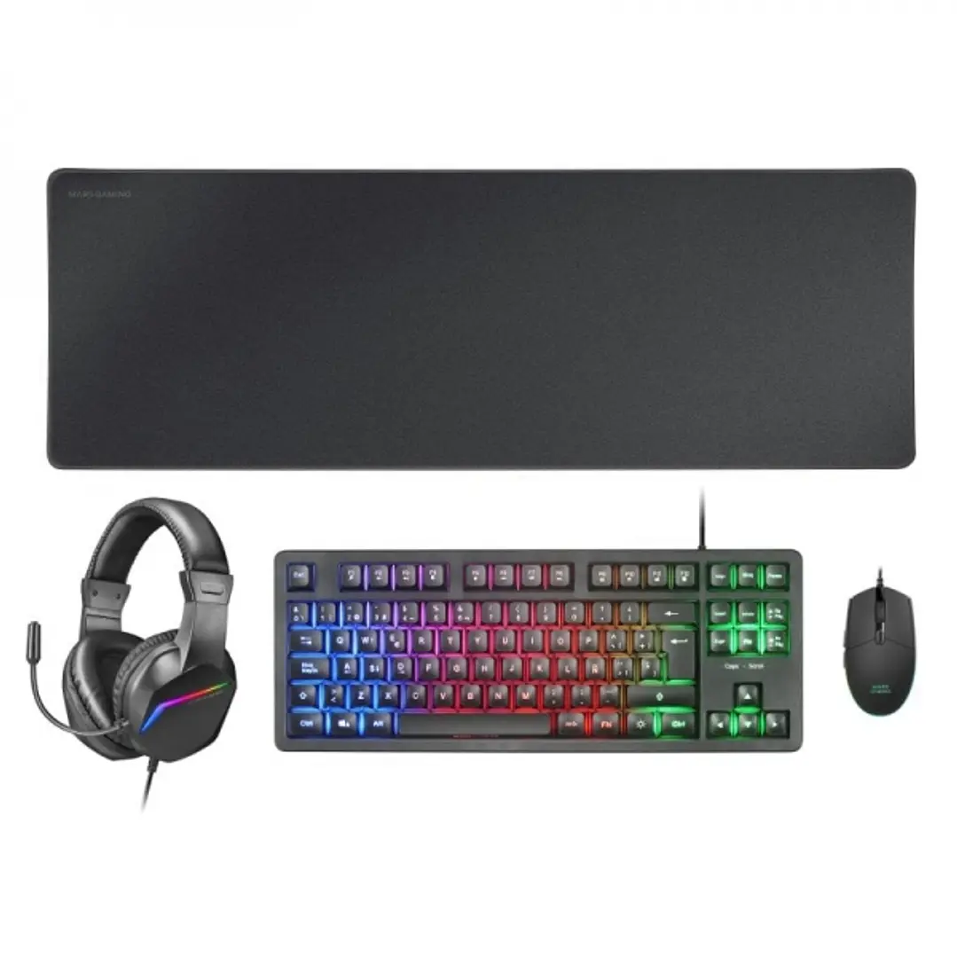 Mars Gaming MCP-RGB3 Combo Gaming 4en1 - Teclado TKL H-Mech - Raton RGB 3200 DPI - Auriculares FRGB con Cancelacion de Ruido - Alfombrilla XXL Antides 1
