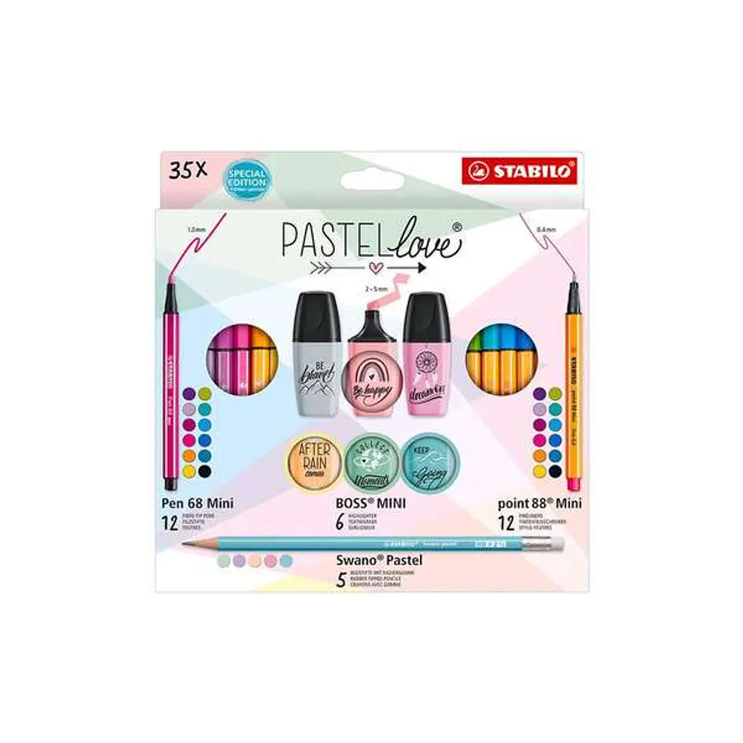 Stabilo Pastellove Pack de 35 Marcadores y Rotuladores - 12 Rotuladores Premium Pen 68 Mini, 12 Rotuladores Point 88 Mini, 6 Rotuladores Fluorescentes 1