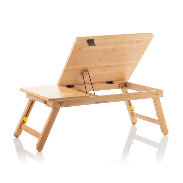 Innovagoods Lapwood Soporte para Portatil de Bambu - Plegable - Inclinacion Ajustable - Cajon - Posavasos - 53.5x21-27x34cm - Color Madera 1