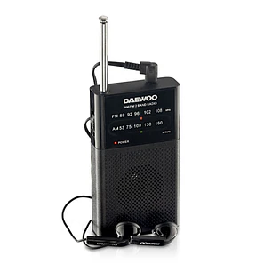 Daewoo Radio AM/FM - Alimentacion a Pilas - Jack 3.5mm - Antena Telescopica - Altavoz Integrado - 130x70x28mm - Color Negro