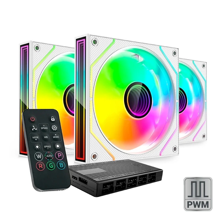 Mars Gaming MF-3DPROKIT Pack de 3 Ventiladores de 120mm - Iluminacion ARGB Infinity Mirror 360º - Silencioso 12dB - Mando a Distancia y Hub ARGB - Col 1