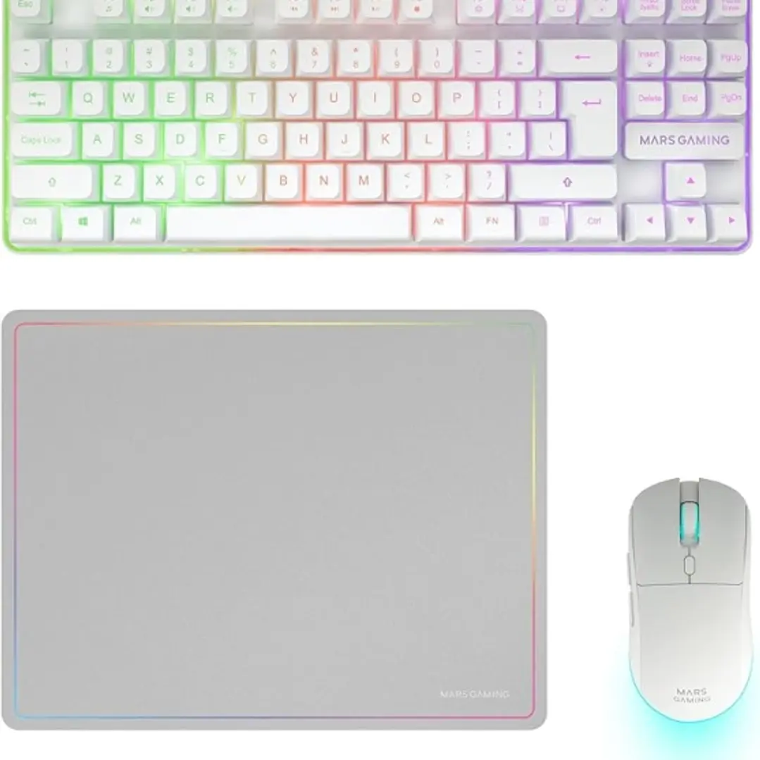 Mars Gaming MCPWTKL Combo Pack Gaming 3en1 - Teclado Hibrido H-Mech Formato TKL - Disposicion Internacional QWERTY US - Raton 3200dpi - Switches HUANO 1