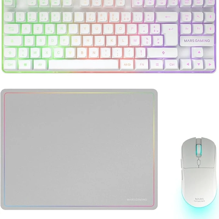 Mars Gaming MCPWTKL Combo Pack Gaming 3en1 - Teclado Hibrido H-Mech Formato TKL - Disposicion Francesa AZERTY FR - Raton 3200dpi - Switches HUANO - Co 1