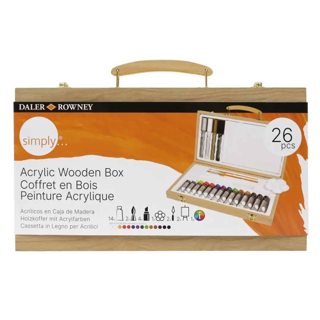 Daler Rowney Simply Pack de 26 Piezas - Pintura Acrilica - Caja de Madera - Colores Surtidos 1