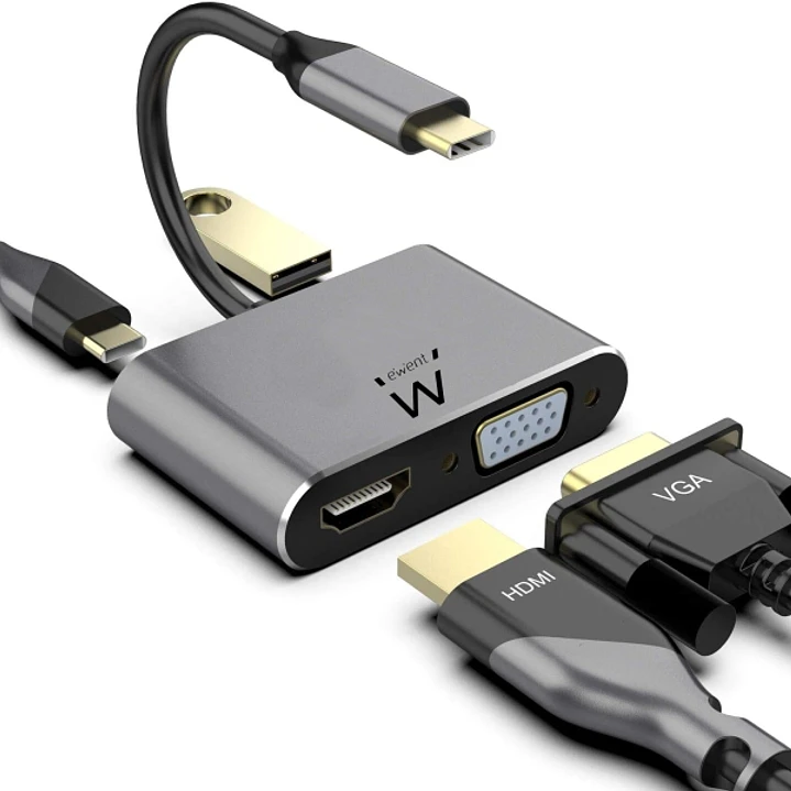Ewent Hub 4 en 1 - HDMI - VGA - USB 3.2 Gen1 - USB-C PD 60W - Color Aluminio 1